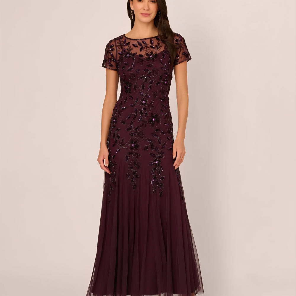 Adrianna Papell Hand Beaded S/S Floral Godet Mother Of The Bride Gown Night Plum